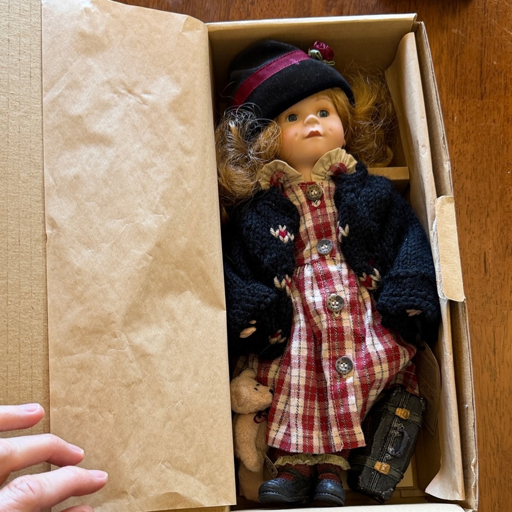 Boyd’s Yesterdays Doll in Navy Sweater & Burgundy Plaid Dress